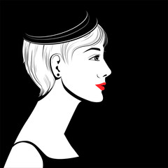 Fashion woman model with short hair in a black hat - pop art vector illustration. Portrait of young beautiful girl vintage style.  Retro style.
