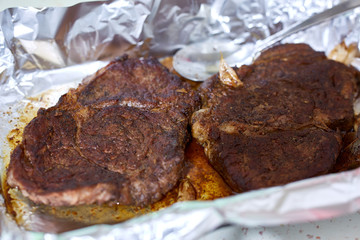 Rib-eye beef steak closeup