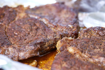 Rib-eye beef steak closeup