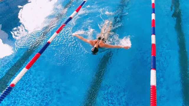 Professional swimmer in a swimming pool. Aerial view. 4K.