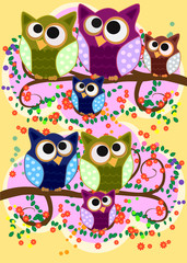 Happy family of owls on flowering tree branches. Daddies, mothers and children, grandparents. Spring, summer, honeymoon season