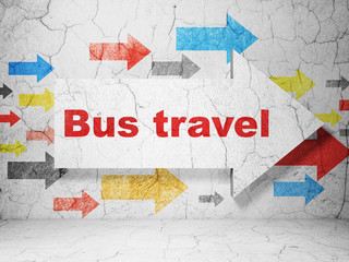 Vacation concept:  arrow with Bus Travel on grunge textured concrete wall background, 3D rendering