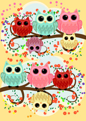 Happy family of owls on flowering tree branches. Daddies, mothers and children, grandparents. Spring, summer, honeymoon season
