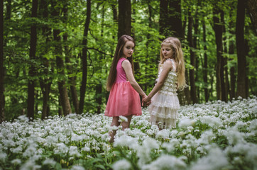 Obraz na płótnie Canvas two girls walking in spring forest