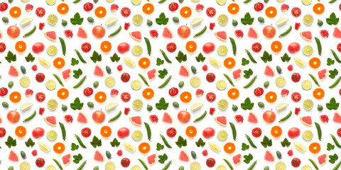 Background food texture. Seamless pattern of various fresh vegetables and fruits (grapefruit, currant leaf, green peas, tomato, apple, pomegranate) isolated on white background, top view, flat lay. 