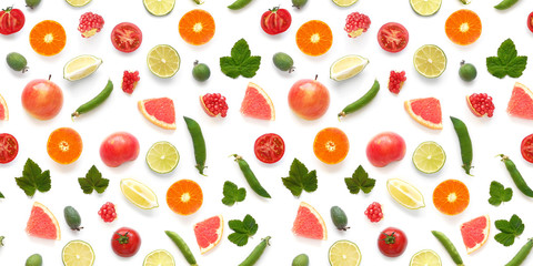 Background food texture. Seamless pattern of various fresh vegetables and fruits (grapefruit, currant leaf, green peas, tomato, apple, pomegranate) isolated on white background, top view, flat lay. 