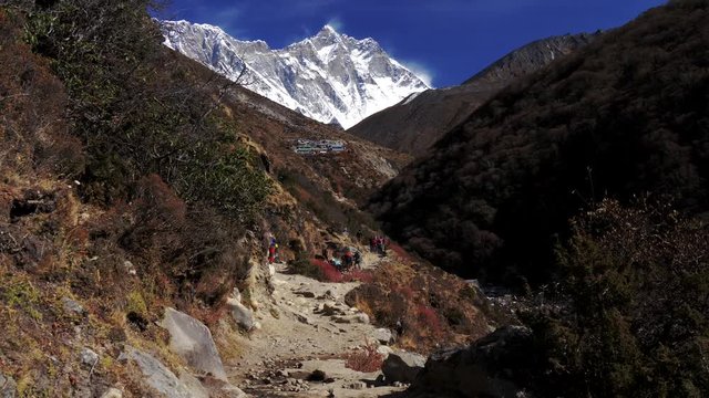 Group of tourists and porters on path in the Himalayas. Slow motion shot. 4K, UHD