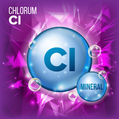 Cl Chlorum Vector. Mineral Blue Pill Icon. Vitamin Capsule Pill Icon. Substance For Beauty, Cosmetic, Heath Promo Ads Design. 3D Mineral Complex With Chemical Formula. Illustration