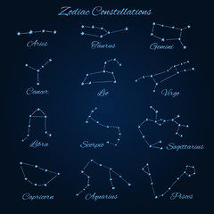 Hand drawn vector zodiac constellations: aries, taurus, gemini, cancer, leo, virgo, libra, scorpio, sagittarius, capricorn, aquarius and pisces. - 190408673
