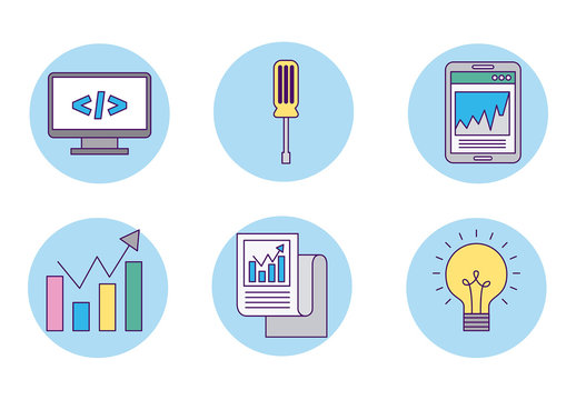 Blue Yellow Business Analytics Tools and Development Icons Set