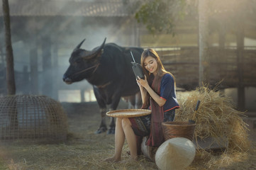 Woman wearing laos traditional dress costume,vintage style,Laos culture,Laos