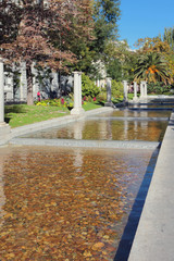 Water cascades in park. Madrid, Spain