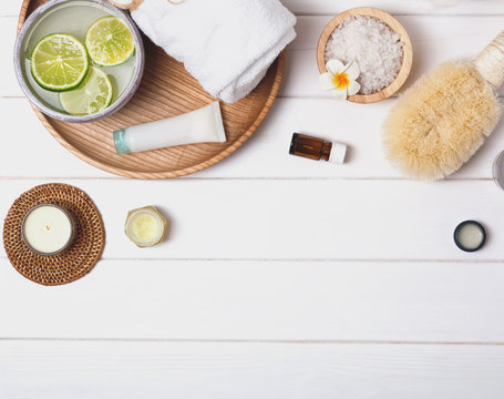 Spa accessories and cosmetics on the white table