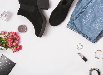 Feminine fashion outfit on the white background,