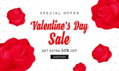 Valentine's Day Sale Banner Vector illustration. Typography with red roses 