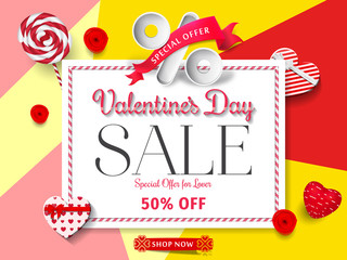 Valentines Day Sale Card with Frame. Special offer valentines day sale promotion. Vector Illustration. Valentines day sale background. Flyers, invitation, posters, brochure, banners.