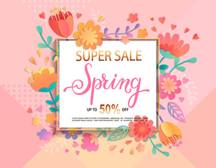 Card for super sale in spring with handdrawn lettering in square frame on geometric background pastel colors with beautiful flowers. Vector illustration template, banner, flyer, invitation, poster.