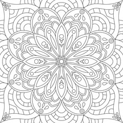Flower rectangular mandala for adults. Coloring book page design. Anti stress black and white vintage decorative element. Monochrome square ethnic pattern. Hand drawn isolated vector illustration.