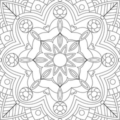 Fototapeta na wymiar Flower rectangular mandala for adults. Coloring book page design. Anti stress black and white vintage decorative element. Monochrome square ethnic pattern. Hand drawn isolated vector illustration.