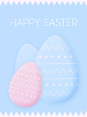 Easter illustration card or poster with blue and pink easter eggs on light pastel baby blue background.