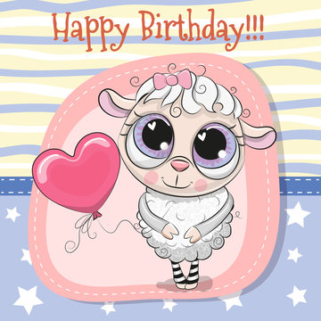 Greeting card Cute Sheep girl with balloon