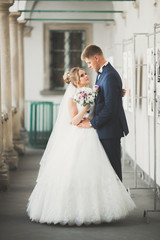 Naklejka premium Lovely happy wedding couple, bride with long white dress posing in beautiful city