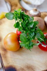 Green basil leaves on kitchen board with vegetables.