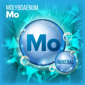 Mo Molybdaenum Vector. Mineral Blue Pill Icon. Vitamin Capsule Pill Icon. Substance For Beauty, Cosmetic, Heath Promo Ads Design. 3D Mineral Complex With Chemical Formula. Illustration