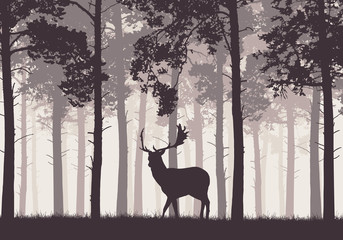 A retro coniferous forest with a silhouette of a deer