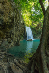 Erawan Waterfall with fish in water