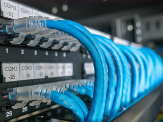 Ethernet cables and path panel in rack cabinet