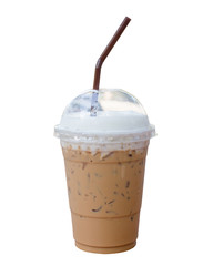 Iced coffee cappuccino in plastic glass on white background
