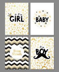 Vector set of baby shower cards. It's a girl, it's a boy card. Hello baby card. Gold design. Baby shower posters set. Vector invitation with cute kids pattern. Baby arrival and shower collection.