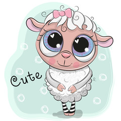 Fototapeta premium Cute owiec dziewczyna na niebieskim tle