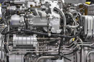 Engine of fighter jet, internal structure with hydraulic, fuel pipes and other hardware and...
