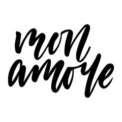 Vector isolated Happy Valentines Day illustration with phrase mon amore. Hand drawn wedding background. Black calligraphy, lettering. For card, print, typography poster, invitation.