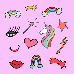 Set of elements isolated on pink background- unicorn, rainbow, lip, star, eye. 