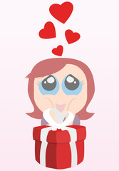 Young woman in love receives a present for special day. Pink Red White