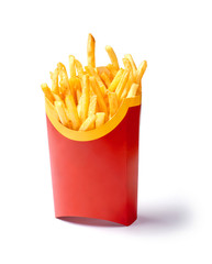 French fries in red carton package box isolated on white background