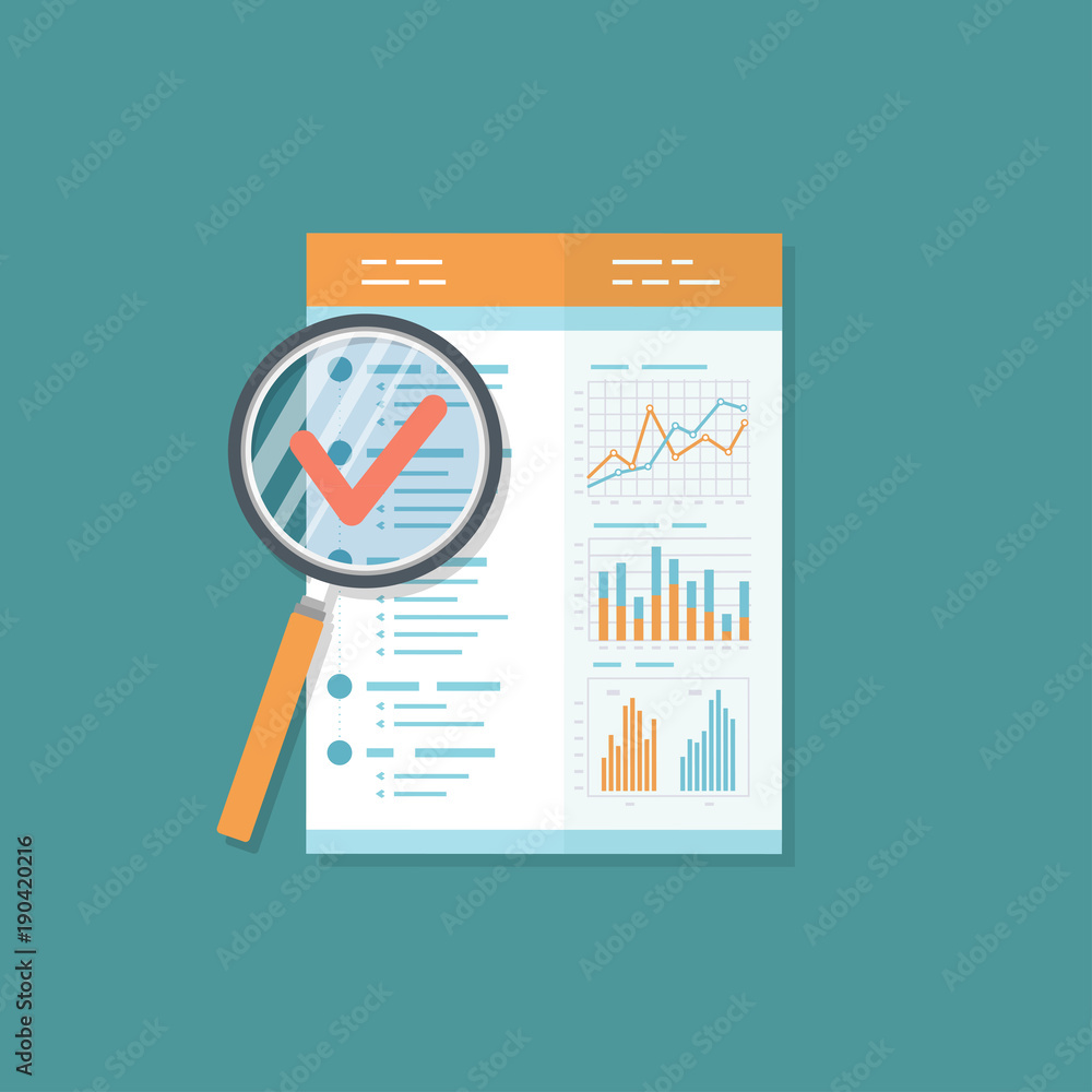 Poster business report, document with magnifying glass. audit result. isolated icon. charts graphs on a pap
