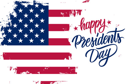 Happy Presidents Day holiday banner with brush stroke background in United States national flag colors and hand lettering text design. Vector illustration.