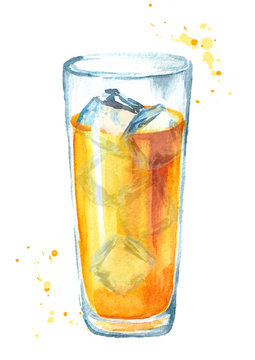 Glass of juice and ice cubes. Hand drawn watercolor illustration