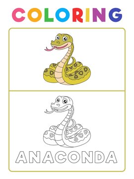 Funny Anaconda Snake Animal Coloring Book with Example. Preschool worksheet for practicing fine colors recognition skill. Vector Cartoon Illustration for Children.