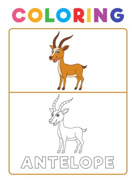 Funny Antelope Deer Animal Coloring Book with Example. Preschool worksheet for practicing fine colors recognition skill. Vector Cartoon Illustration for Children.