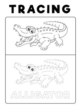 Funny Alligator Crocodile Animal Tracing Book with Example. Preschool worksheet for practicing fine motor skill. Vector Cartoon Illustration for Children.