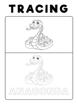Funny Anaconda Snake Animal Tracing Book with Example. Preschool worksheet for practicing fine motor skill. Vector Cartoon Illustration for Children.