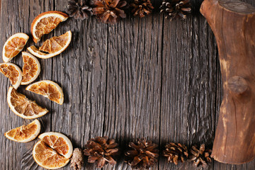 Dried oranges on a wooden table