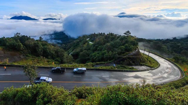 Mist Flowing On Valley At Doi Inthanon National Park of Chiang Mai, Thailand 4k Time Lapse (tilt up)