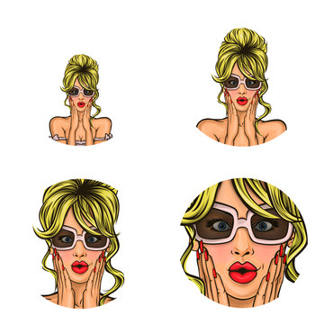 Vector pop art avatar of surprised pin up girl in glasses holding her hands in shock to announce discounts or sales. Great icon for chat, blog or invitation to parties, advertising discounts, sales.