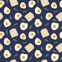 Fried eggs, toast bread and arugula (rucola, rocket salad) breakfast seamless pattern. Fresh toasted bread, fried eggs and greens. Yummy breakfast. Vector hand drawn illustration seamless pattern.